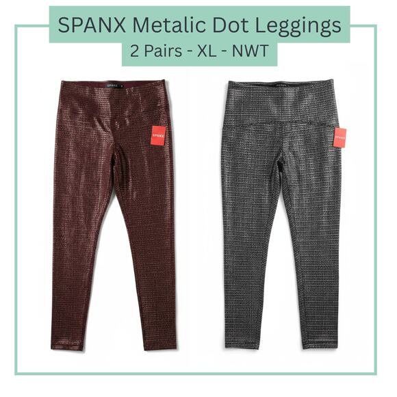 SPANX Pants - Spanx 7/8 Metallic Dot Print Leggings – XL - 2 Pairs - Black & Wine/Gold